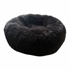 Fluffy Donut Shaped Pet Dog Cat Bed Faux Fur Fringe Studio Black Soft 24 inches